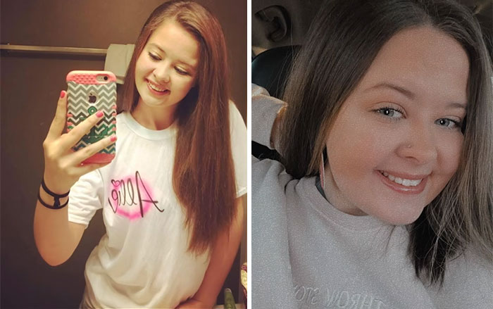 Side-by-side photos showing a young woman’s appearance changes in 2016 versus 2026 shared by 65 people.