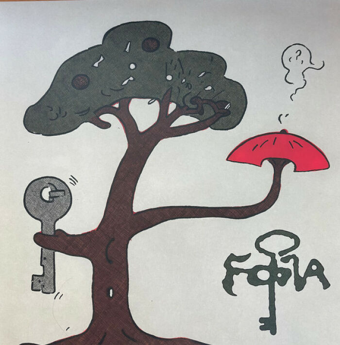 Illustration of a tree holding a key and a red umbrella with a quirky face, representing bad album covers.
