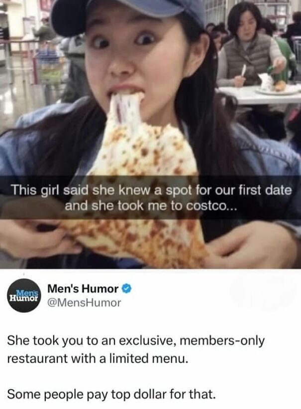 Young woman eating large pizza slice at Costco with humorous meme text about relatable memes hitting way too close to home.