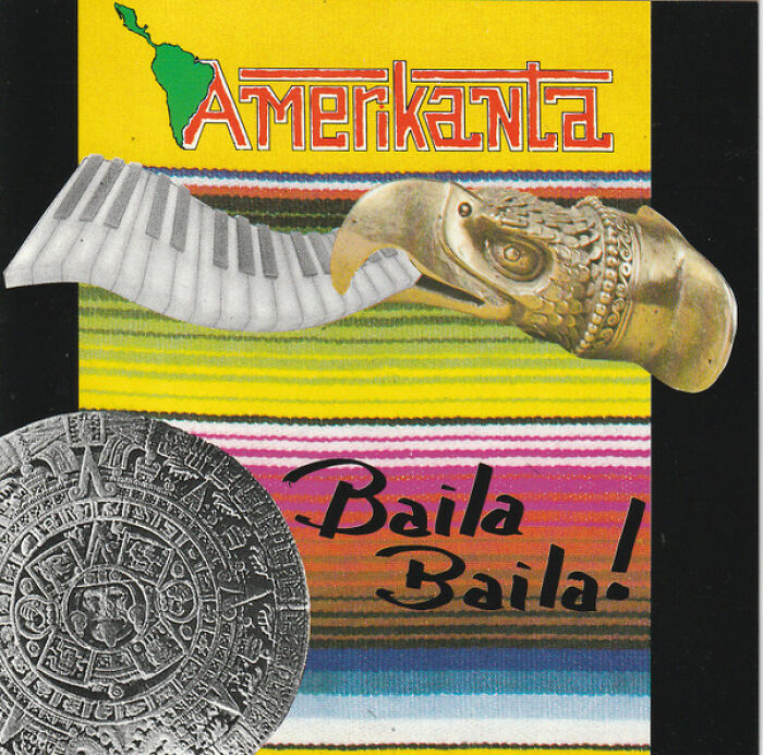 Colorful album cover with a metallic eagle head, piano keys, and Aztec calendar featuring bad album covers sold.