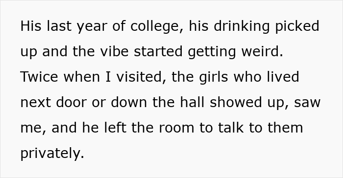 Screenshot of text about college drinking and odd vibe, adult man breaks off engagement