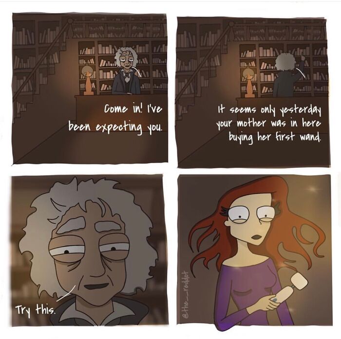 Comic panel from The RedDot showing a mystical shopkeeper and a woman holding a wand in a dimly lit library setting.
