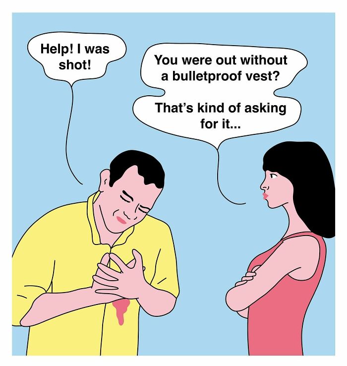 Studio Stoutpoep illustration of a man clutching a bleeding chest while woman shrugs, satirical modern life