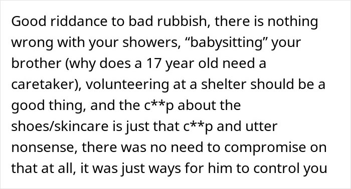 Screenshot of a comment criticizing a partner, discussing control, showers and red flags