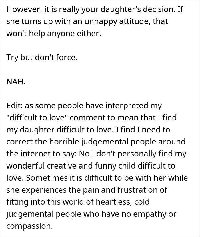 Forum screenshot of parent debating whether to make daughter attend birthday everyone is skipping, showing comments and edit Forum screenshot of parent debating whether to make daughter attend birthday everyone is skipping, showing comments and edit