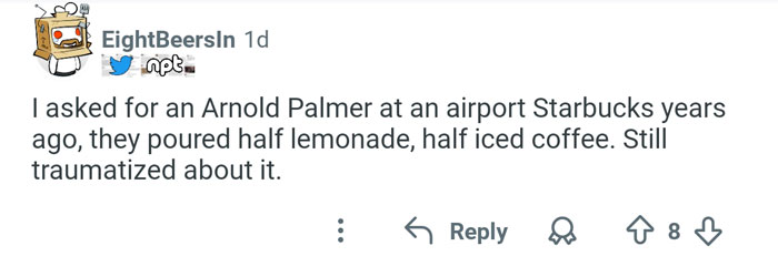 Social media comment by airport barista describing a difficult customer experience making drinks at an airport coffee shop.