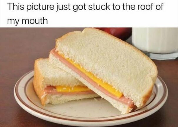 Ham and cheese sandwich on a plate with text about a relatable meme stuck to the roof of the mouth.