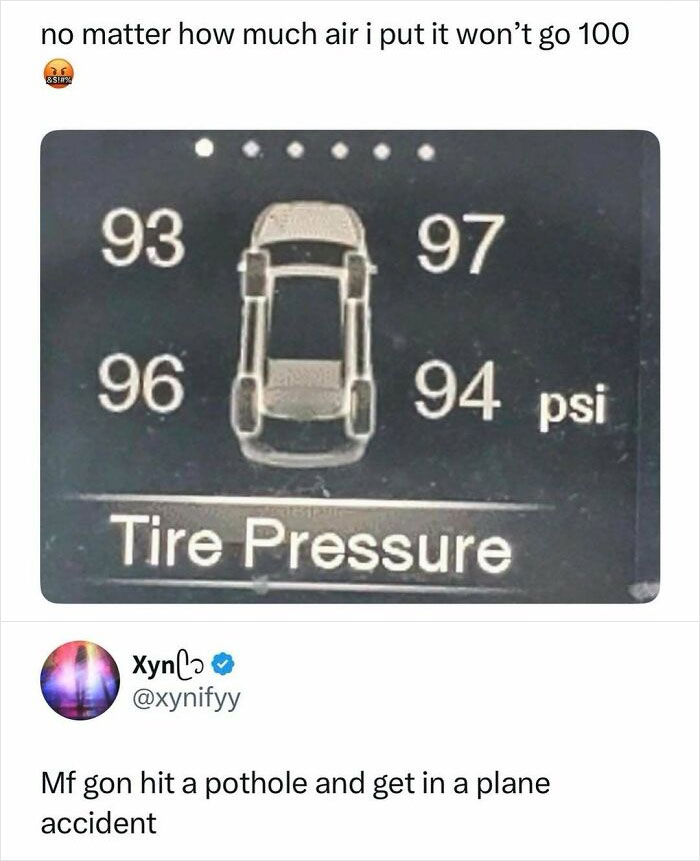 Tire pressure display showing uneven high psi levels, part of entertaining posts and memes to fight boredom.