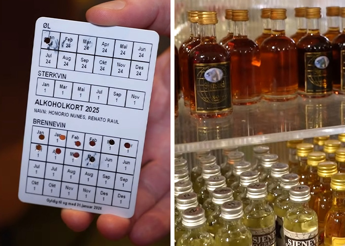 Hand holding alcohol permit card with bottles of distilled spirits in background on the world&rsquo;s darkest island.