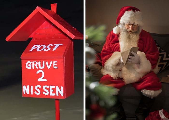 Red post box labeled Gruve 2 Nissen in snowy setting next to Santa Claus reading a letter indoors, illustrating island residents' life.