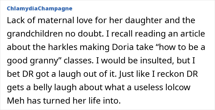 Text post showing a comment about Meghan Markle&rsquo;s alleged rift with mom Doria and lack of maternal love.