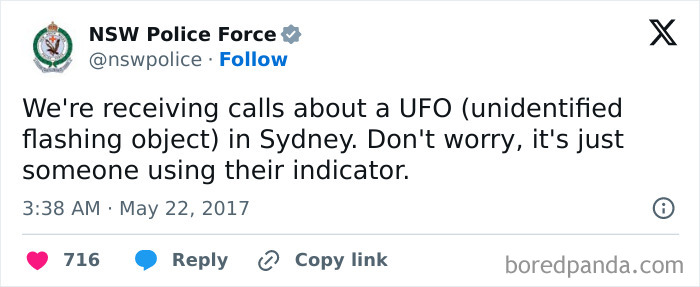 NSW Police Force tweet humorously addressing UFO calls, showcasing one of the most unserious police social media accounts.