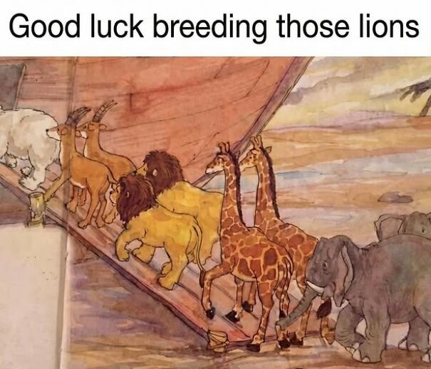 Illustration of various animals boarding a boat with a humorous caption, perfect for relatable memes that hit close to home.