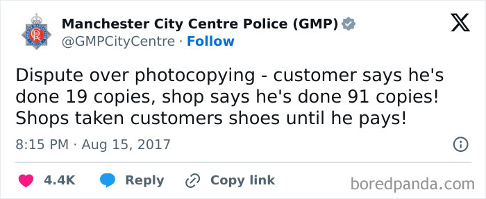 Tweet from Manchester City Centre Police showing a humorous dispute over photocopying with customers and shop shoes taken.