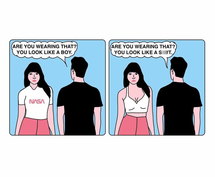 Studio Stoutpoep illustrations: two-panel comic of woman criticized by a man for clothing, shown in T-shirt then bra.