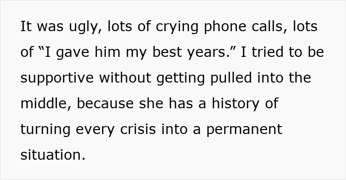 Text excerpt showing an adult son describing emotional guilt trips and biblical sermons from his religious mom after saying no to her moving in.