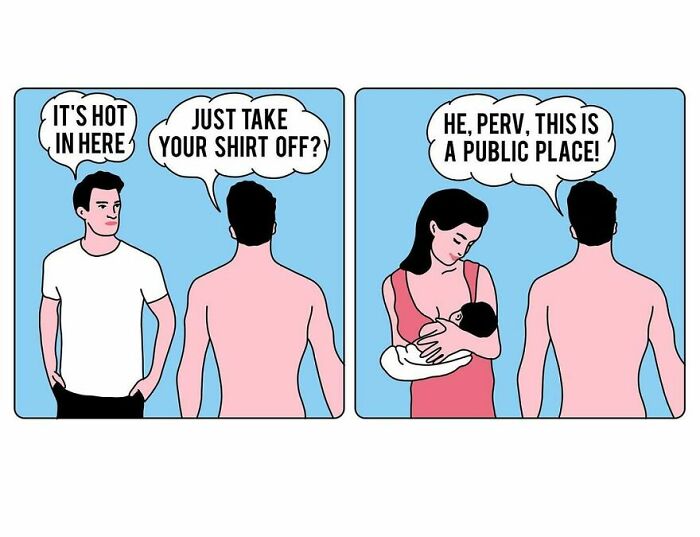 Studio Stoutpoep illustration: two-panel comic showing a shirtless man and a mother breastfeeding calling him a perv