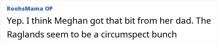 Screenshot of an online comment discussing Meghan Markle and her family dynamics, referencing a possible rift with her mom Doria.