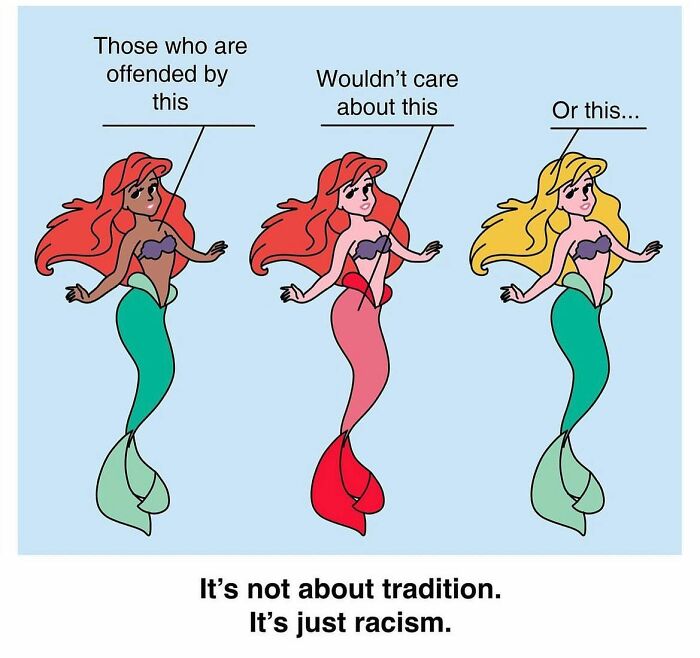 Studio Stoutpoep illustration of three mermaids with different skin tones labeled to critique racism and tradition.