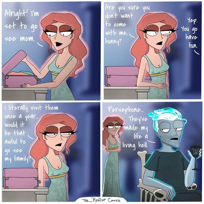 Comic strip from The RedDot featuring bold and unfiltered characters discussing family visits in a humorous style.