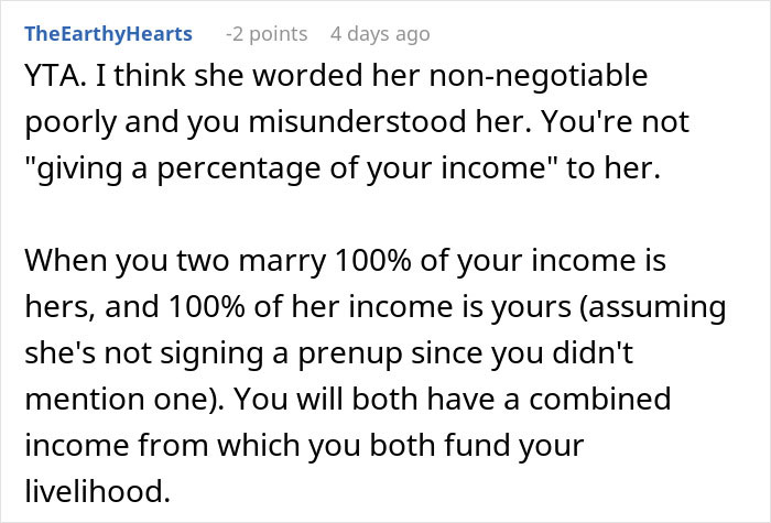 Reddit comment discussing a woman forcing boyfriend to sign a contract for a share of his income for life.