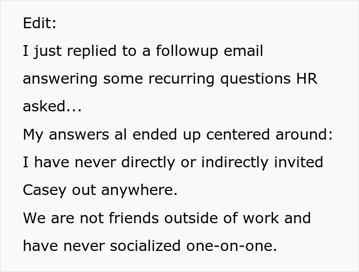 Text excerpt showing a person responding to HR questions about filming coworker after work to prove disability claims.