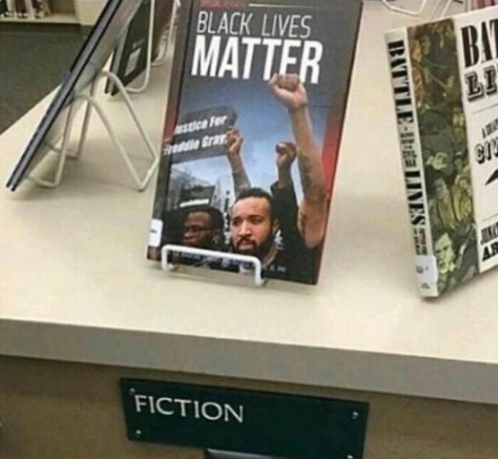 Book titled Black Lives Matter displayed in fiction section, highlighting dark humor in memes with a touch of darkness.