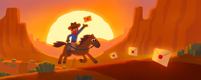 A cowboy riding a horse at sunset delivering envelopes in a popular Google Doodle game celebrating internet history.