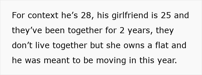 Text on white background explaining a 28-year-old man&rsquo;s relationship and living situation with his 25-year-old girlfriend.