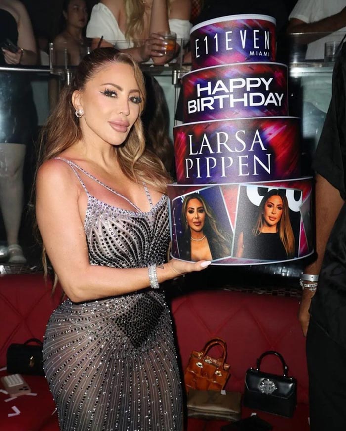 Larsa Pippen celebrating with a multi-tiered birthday cake showing her plastic surgery transformation photos.