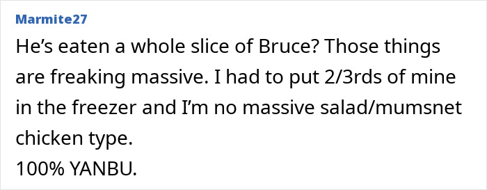 Screenshot of online comment about man eating pregnant partner&rsquo;s craving treat, sparking wild relationship excuse discussion.