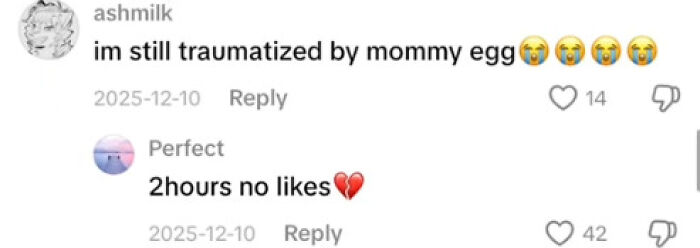 Screenshot of weird and funny TikTok comments, featuring a user traumatized by mommy egg and another noting no likes.