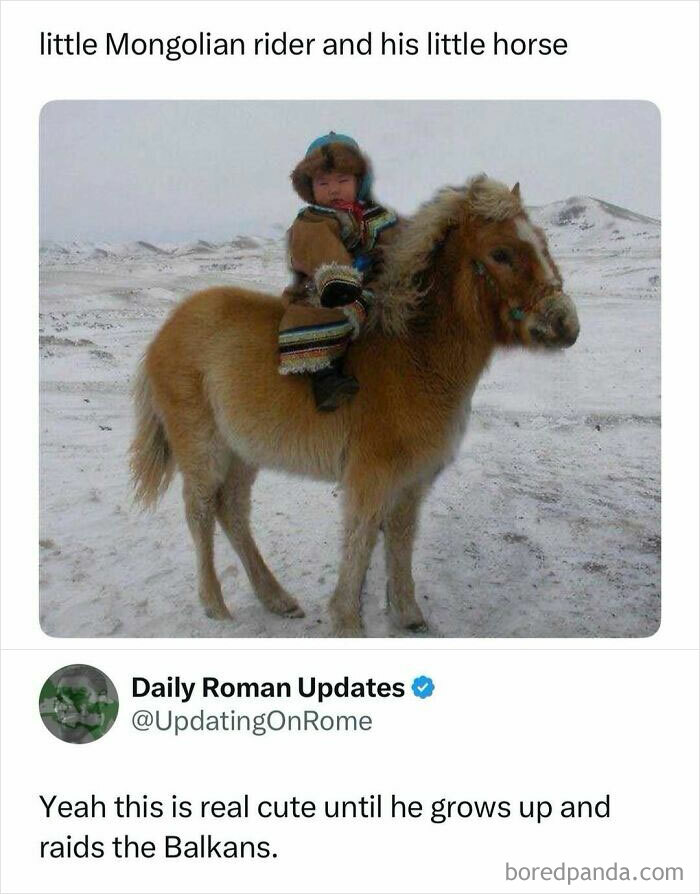 Child dressed in traditional clothing riding a small horse in snowy landscape, one of 96 internet posts making scrolling enjoyable.