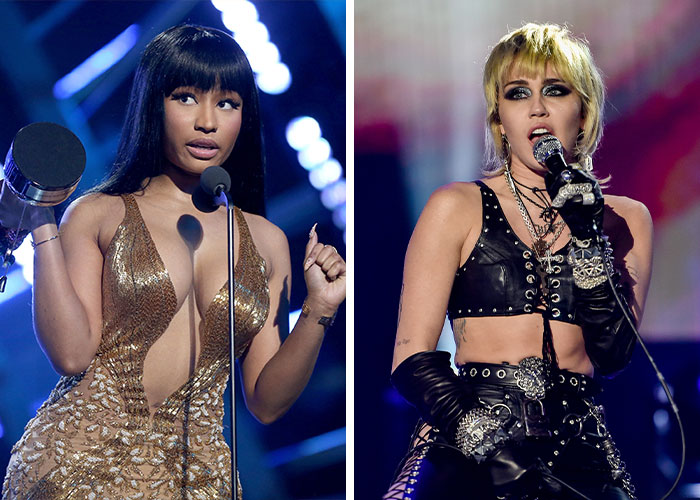 Nicki Minaj and Miley Cyrus in bold outfits at award shows, illustrating celebs who tried to start drama with stars unbothered.