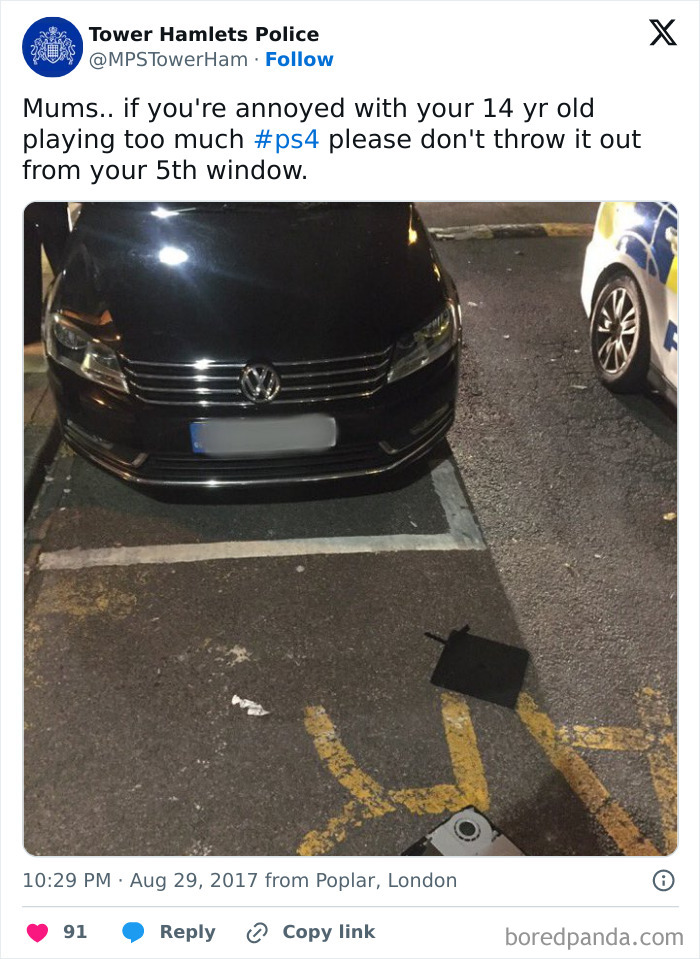 Tweet from police social media showing a hatchback and humor about a PS4 thrown from a fifth-floor window.