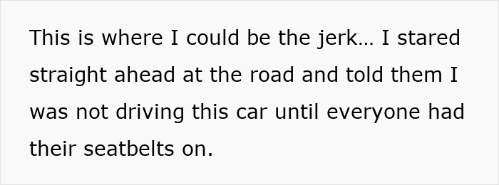 Text excerpt showing a woman refusing to drive until all friends buckle seat belts, causing a road trip grudge.