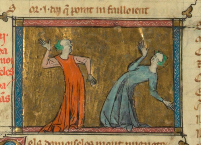 Medieval old painting depicting two figures in colorful robes with exaggerated poses and expressions.