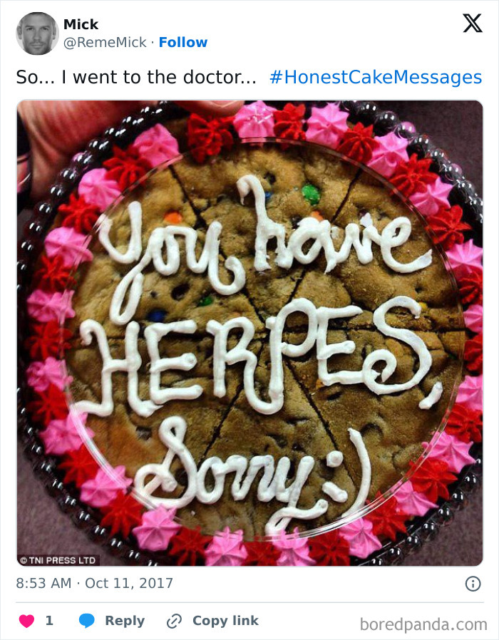 Round cookie cake with colorful frosting and a humorous message reflecting honest emotions for funny cake photos.