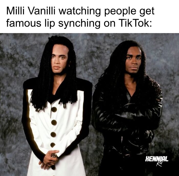 Milli Vanilli in 90s fashion, staring seriously, capturing nostalgic vibes for xenials on a memory lane trip.