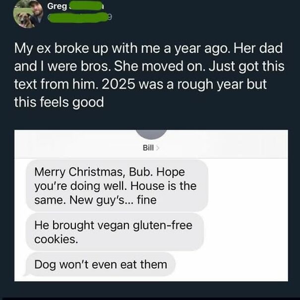 Text message conversation about a rough year with humorous mention of vegan gluten-free cookies, relatable memes about life.