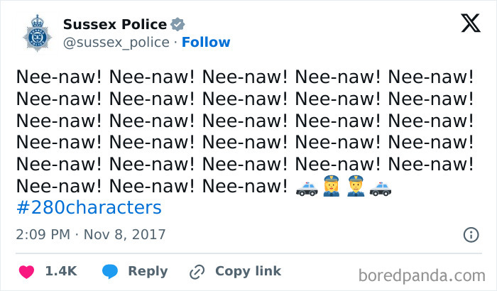 Sussex Police tweet repeating Nee-naw with police and car emojis, showcasing humorous police social media content.