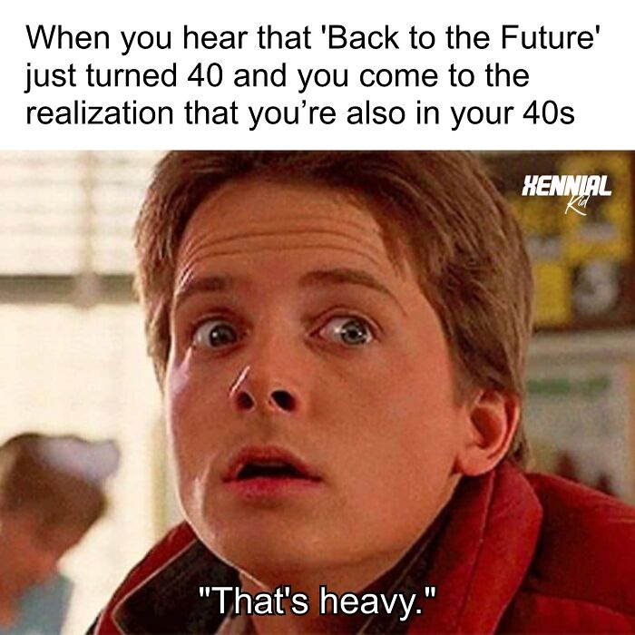 Young man with surprised expression referencing Back to the Future in a nostalgic Xenials memory meme.