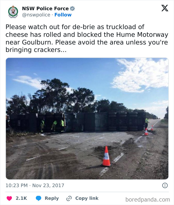 Police social media post showing an overturned truck blocking a motorway, highlighting hilarious unserious police accounts.