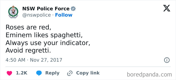 Screenshot of a humorous police social media post using a funny poem about driving and using indicators.