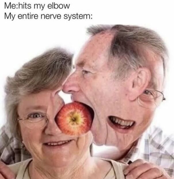 Surreal relatable meme showing an elderly man biting an apple through a woman's face, symbolizing nerve system pain.