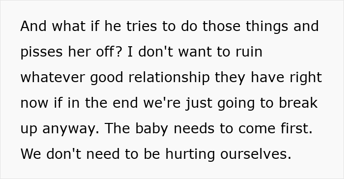 Text on a white background discussing concerns about preserving relationships and prioritizing the baby in a difficult situation.