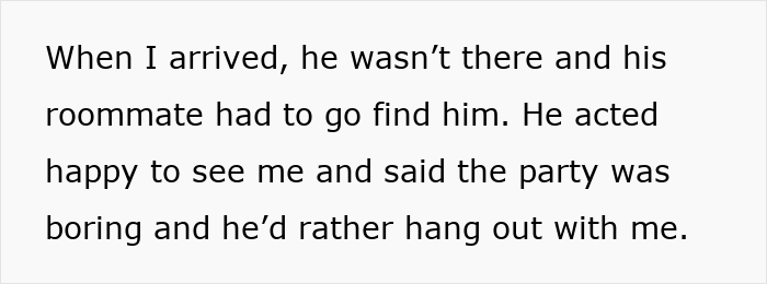 Text excerpt about arriving at a party and boyfriend preferring to hang out, relating to breaks off engagement