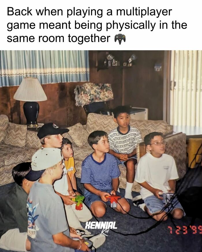 Group of kids playing multiplayer video games together in the same room, evoking nostalgic memories for Xenials.