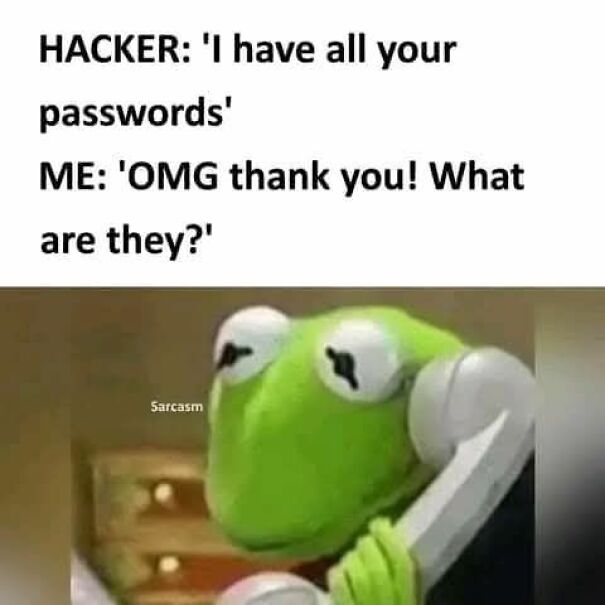 Kermit the Frog holding a phone with a funny hacker meme showing relatable humor about passwords.