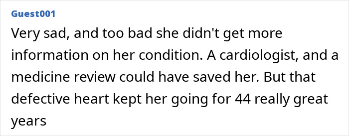Comment text on a black and white background expressing sadness about a lawyer, 44, discovered deceased on a transatlantic flight.
